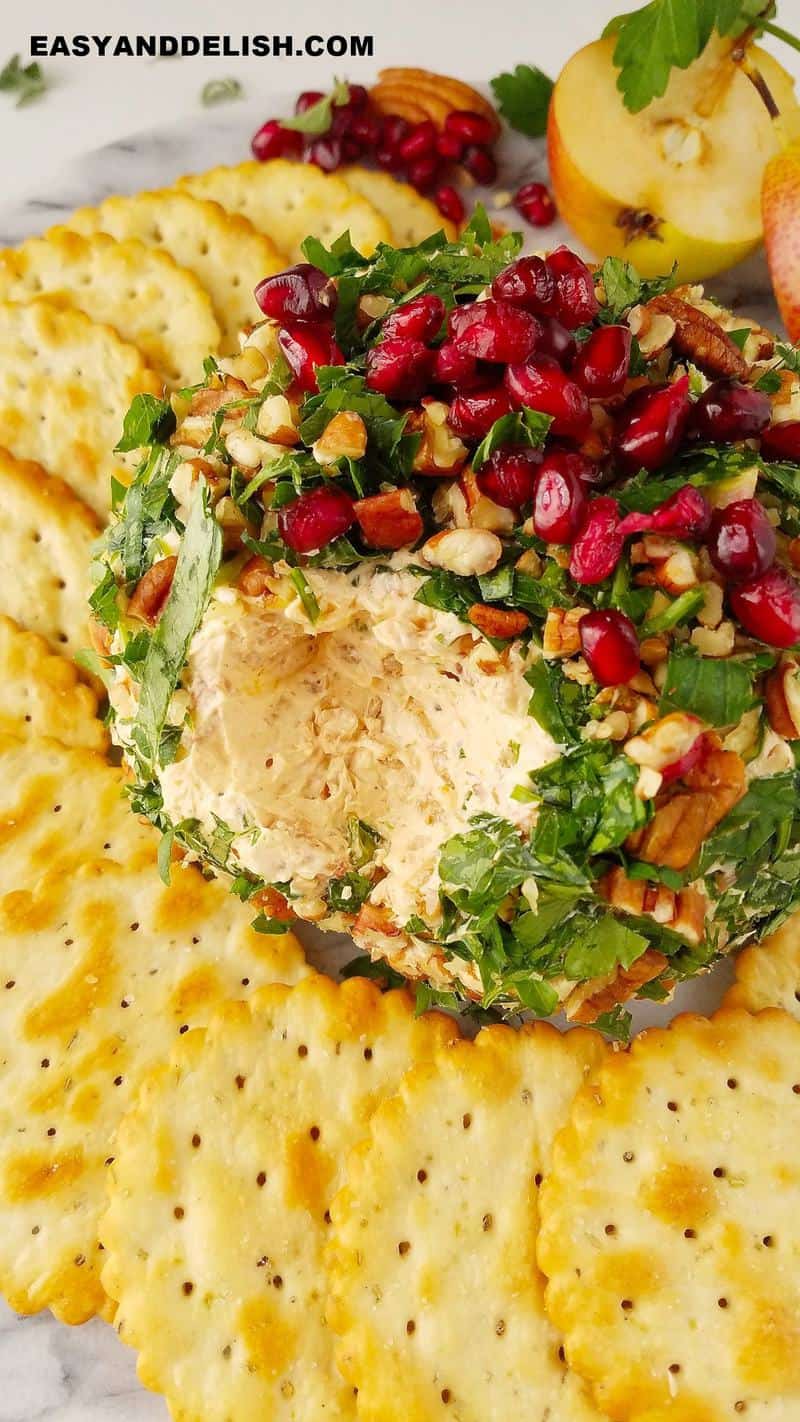 close up of shrimp cheese ball partially eaten