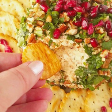 cracker dipped in a shrimp cheese ball