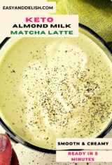 close up of a cup of almond milk matcha latte