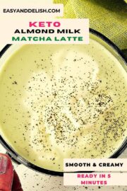 close up of a cup of almond milk matcha latte