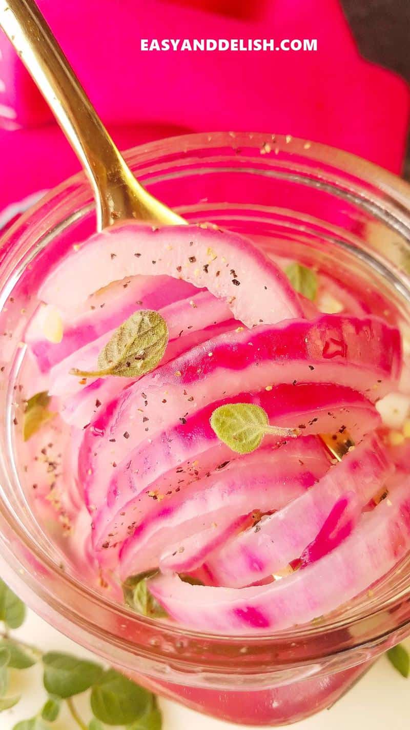 close up of pickled red onions