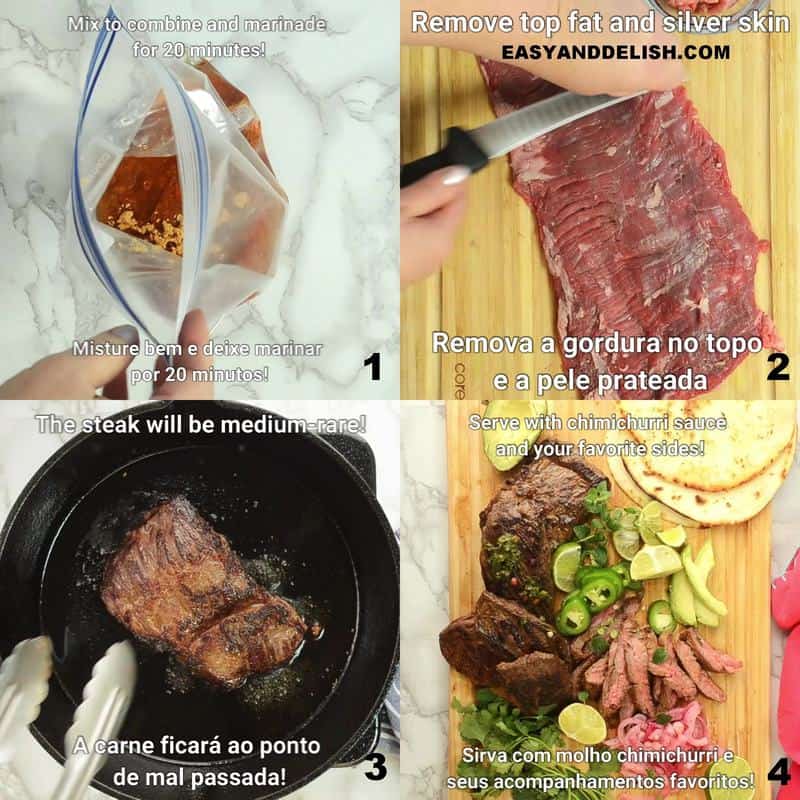 foto colagem mostrando como marinar, cozinhar e cortar a carne