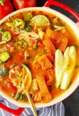 close up of Instant Pot chicken tortilla soup in a bowl