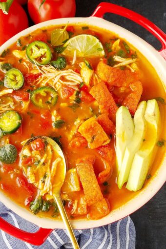 close up of Instant Pot chicken tortilla soup in a bowl