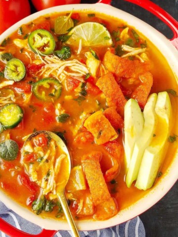 close up of Instant Pot chicken tortilla soup in a bowl