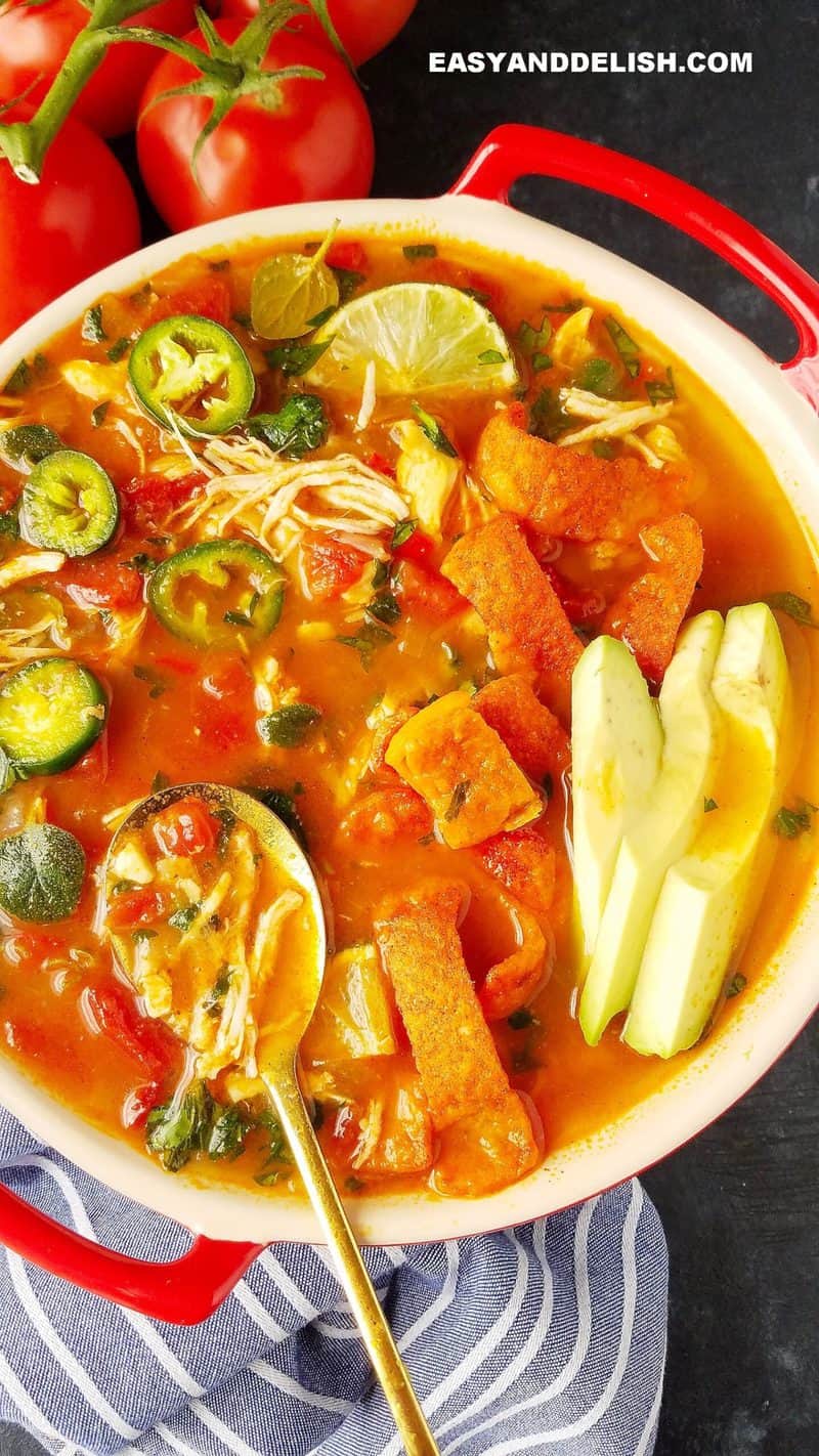 close up of Instant Pot chicken tortilla soup in a bowl