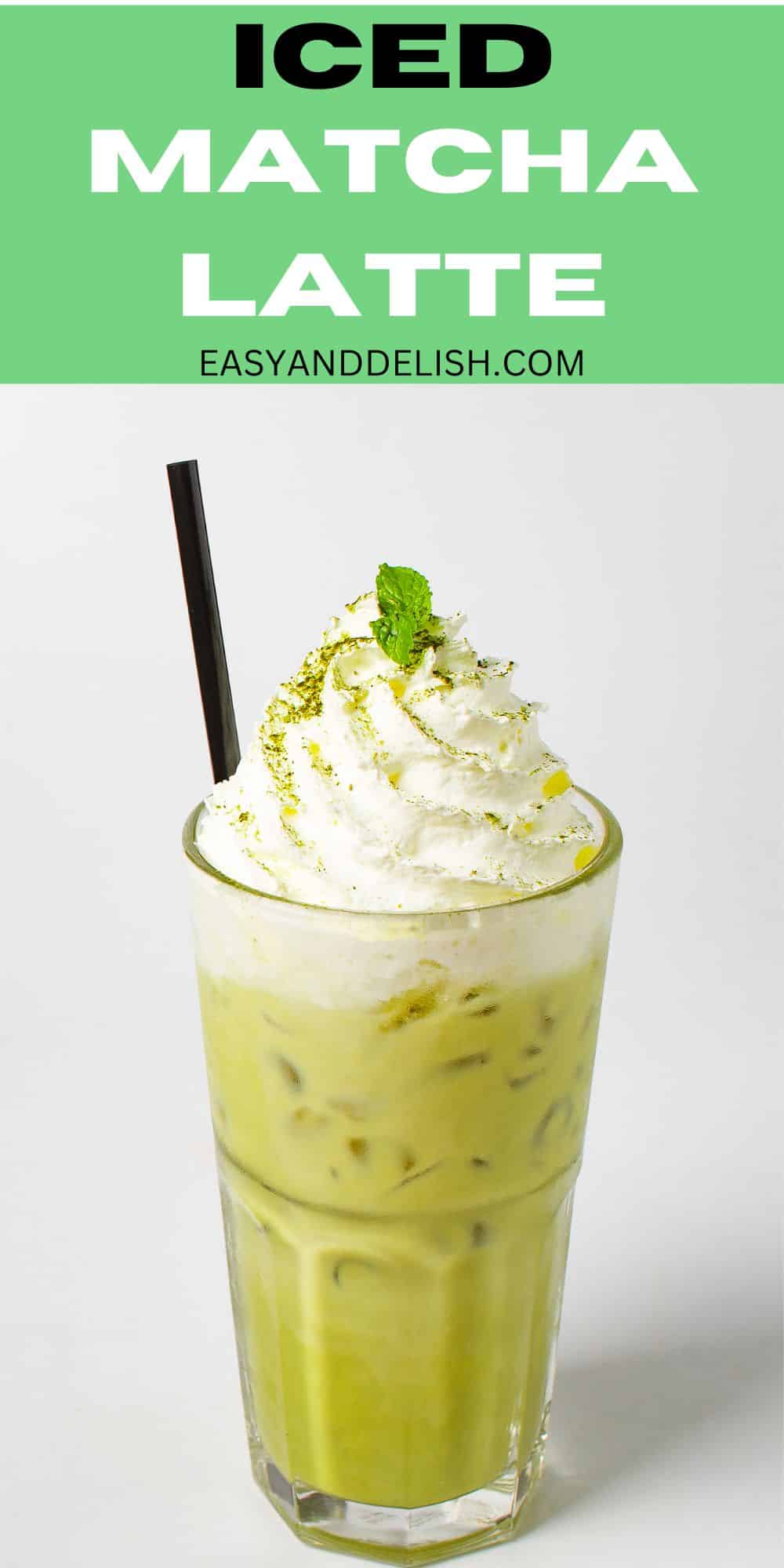 A glass of iced matcha latte. 