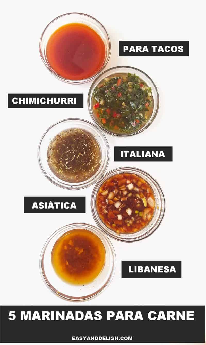 5 tigelas pequenas com marinadas