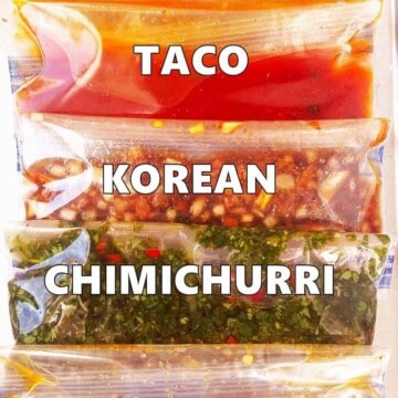 close up of 5 skirt steak marinades in plastic bags