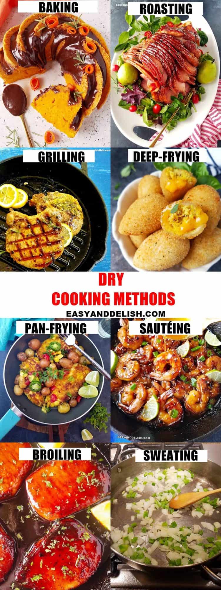 photo collage showing 8 dry heat cooking methods