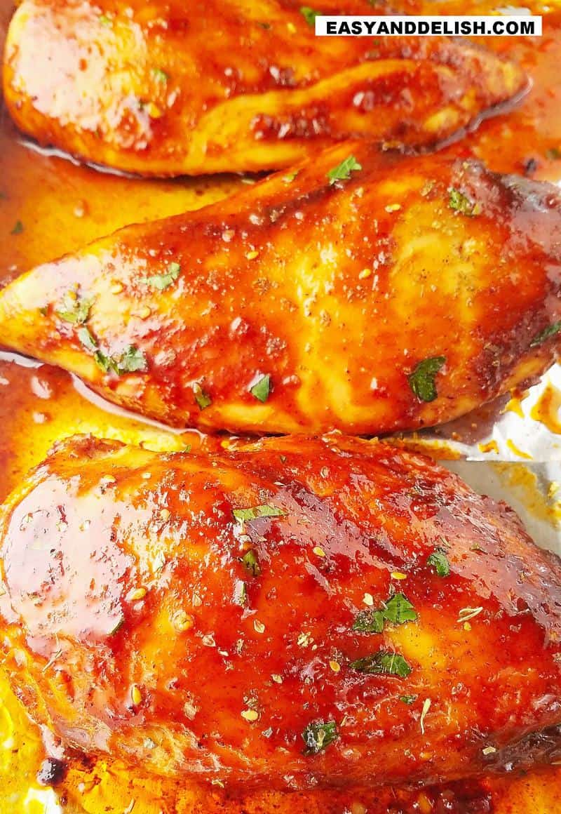 close up of several baked chicken breasts