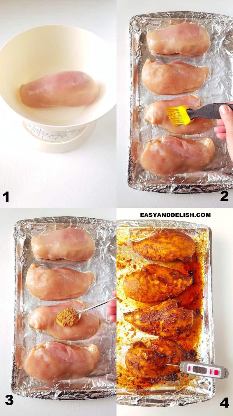 foto colagem mostrando passa a passo como assar peito de frango no forno