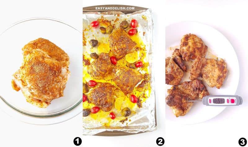 photo collage showing how to bake chicken thighs and how long to bake them