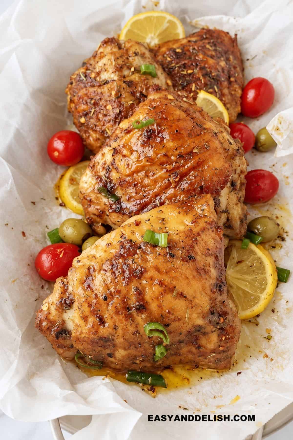 Golden baked chicken thighs with lemon slices, cherry tomatoes, and green olives.