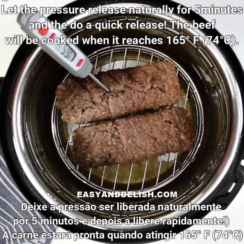 a meat thermometer inserted on cook ground beef in the instant pot