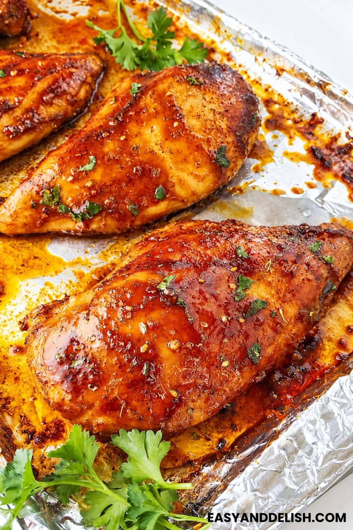 Juicy baked chicken breasts with a golden seasoned surface and fresh herbs.