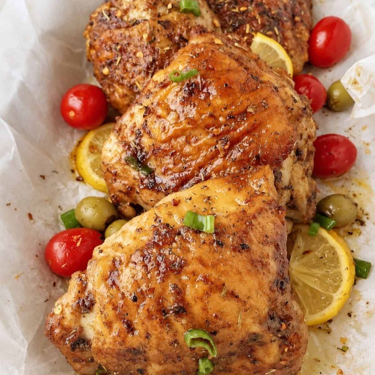 Golden chicken thighs with lemon slices, cherry tomatoes, green olives, and fresh green onions.