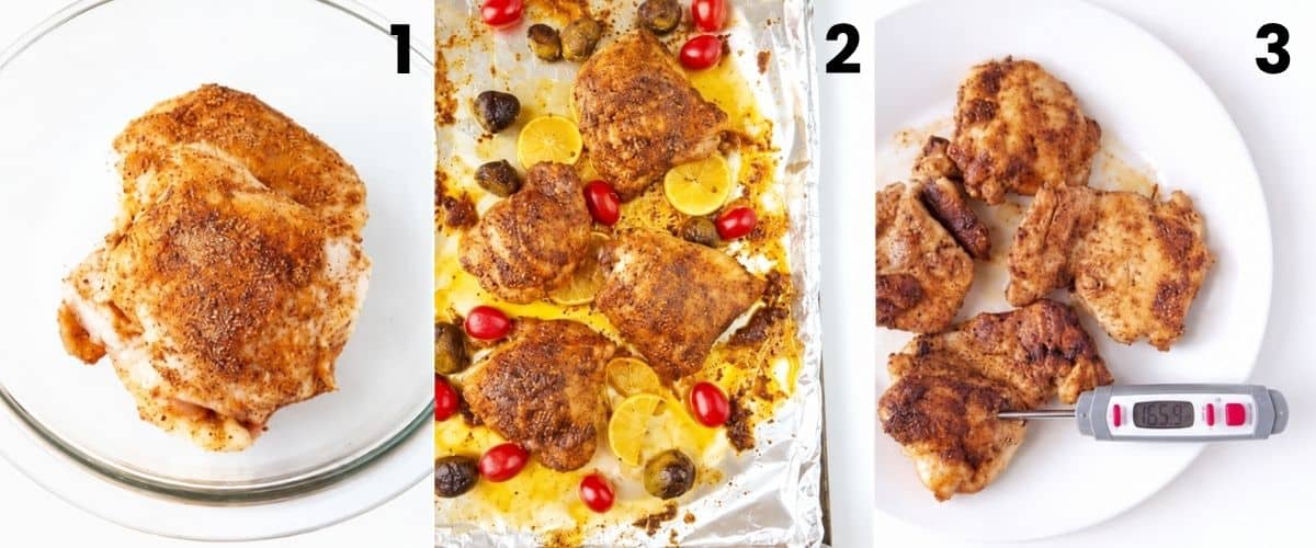 Seasoned chicken thighs in a baking dish with a thermometer checking doneness.