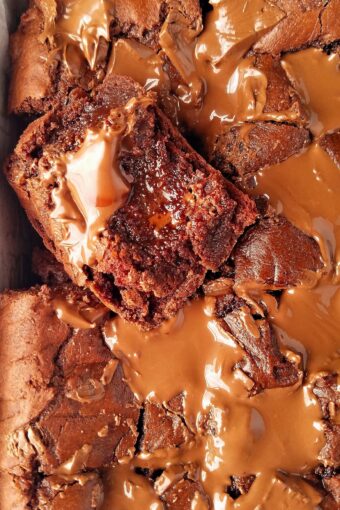 close up of a batch of homemade fudgy brownies