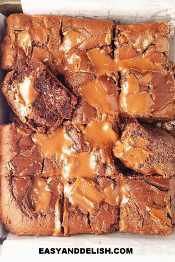 sliced fudgy brownies in a pan