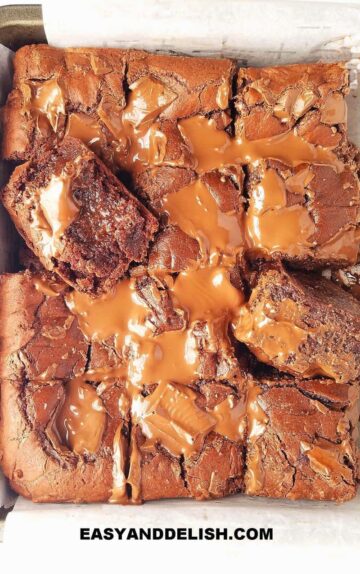 sliced fudgy brownies in a pan