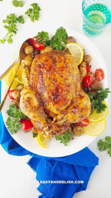 frango inteiro na panela de pressão servido em um prato com verduras ao lado