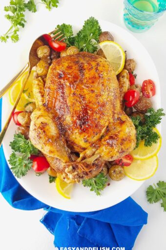 instant pot whole chicken in a platter with veggies