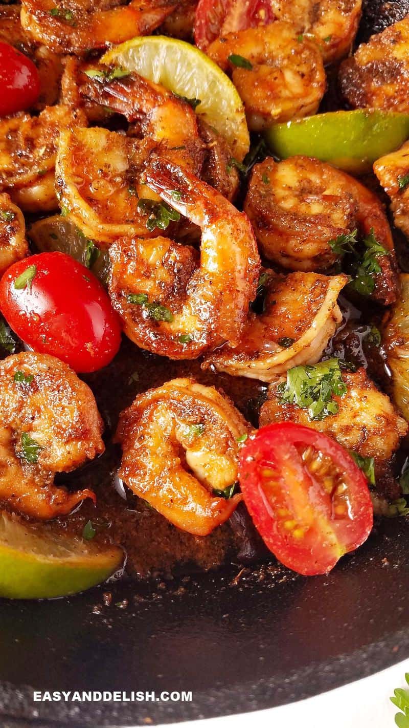 close up of a skillet with Cajun seafood