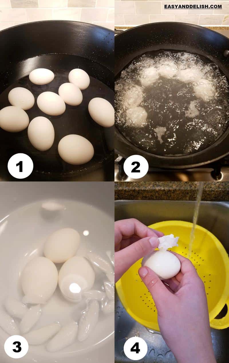 colagem de 4 imagens mostrando como fazer ovo cozido no fogao