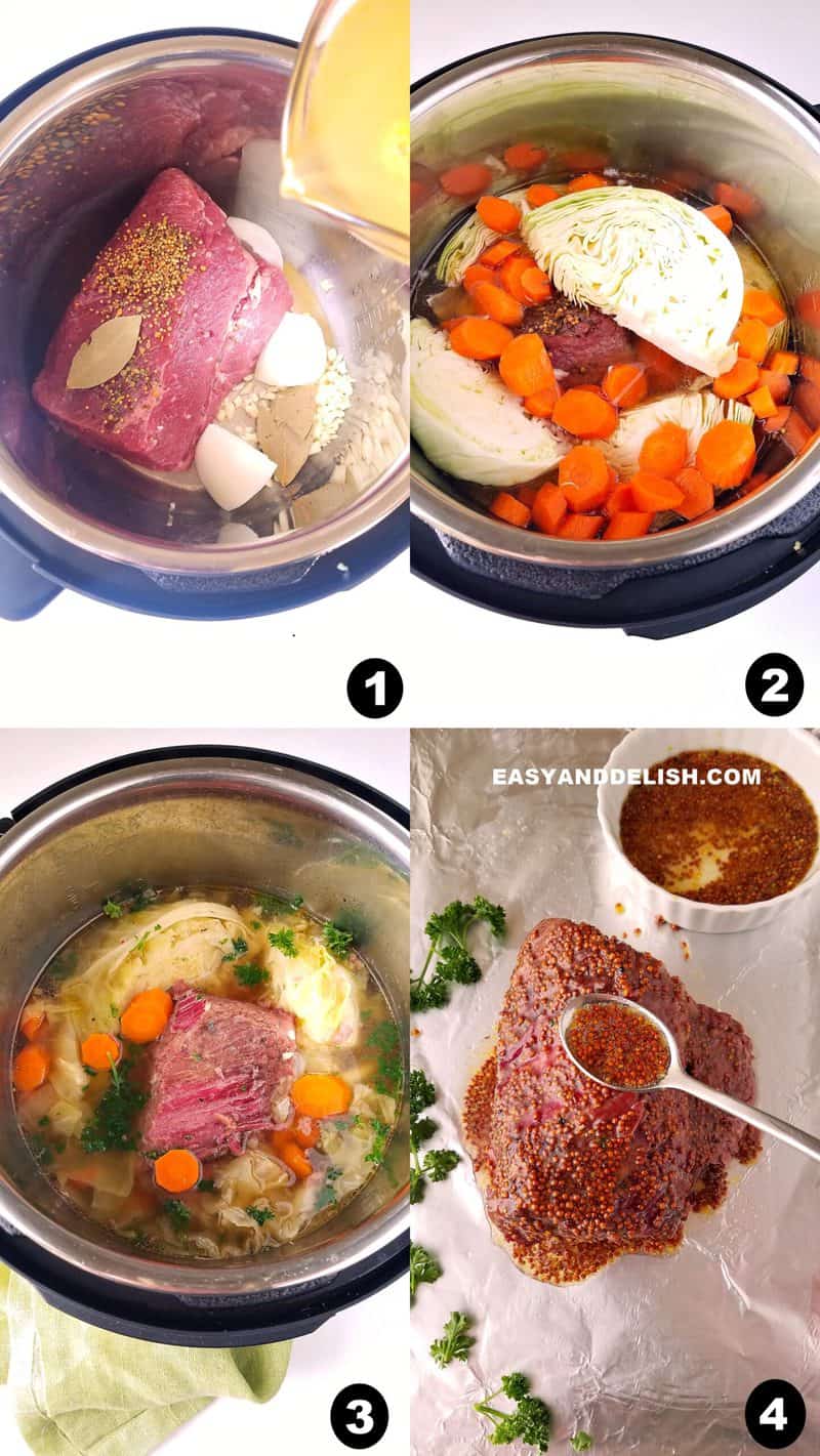 image collage showing how to make Instant Pot corned beef and cabbage in four steps