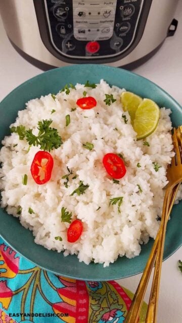 A plate of rice topped with lime and hot peppers