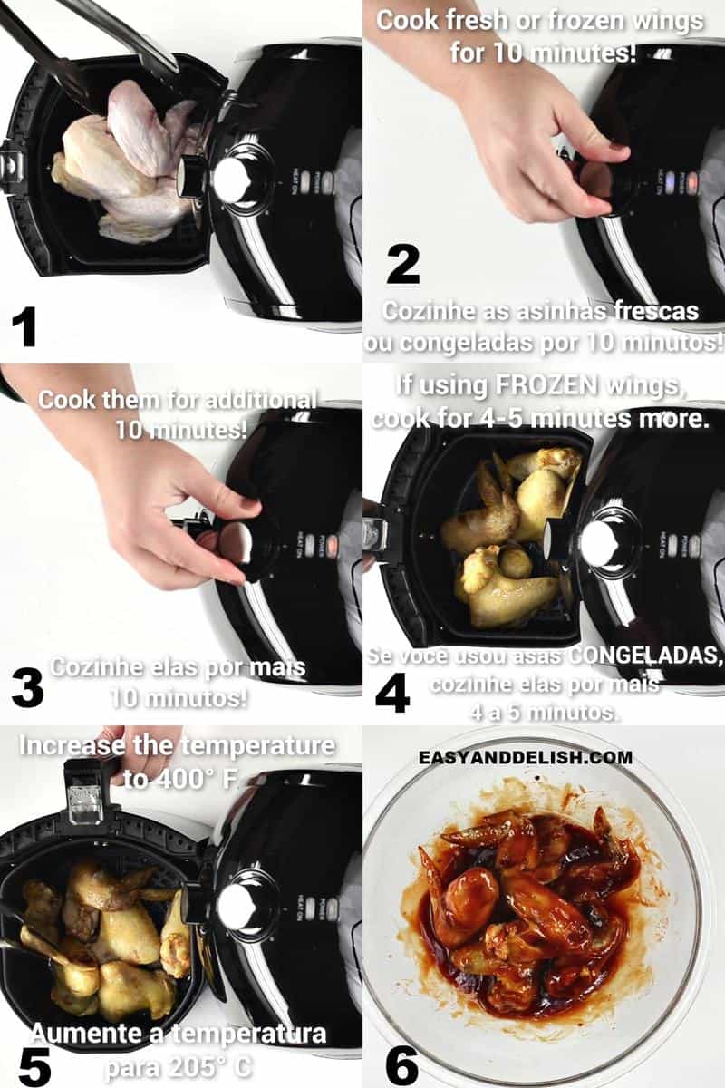 image collage showing how to cook frozen chicken wings in air fryer and toss in bbq sauce in 6 steps