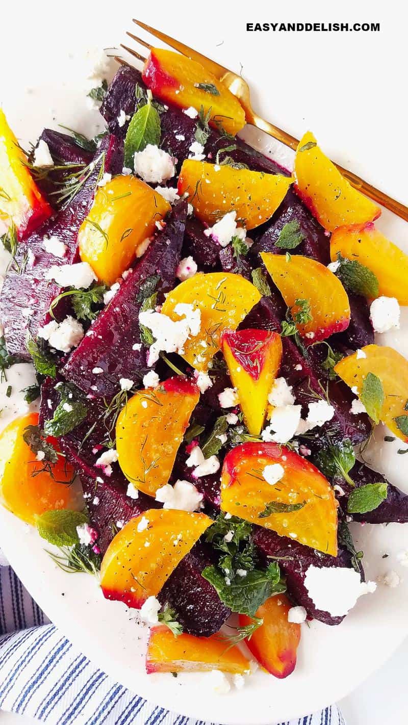 a platter of beet and goat cheese salad 