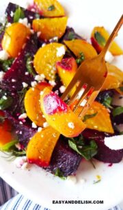 fork with a piece of beet from beet goat cheese salad