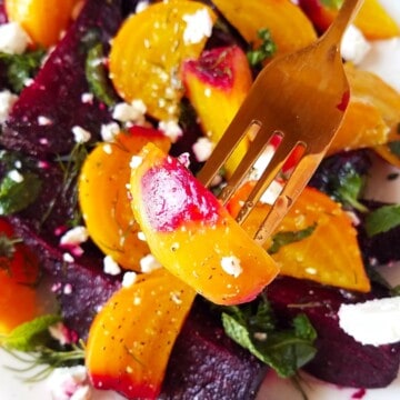fork with a piece of beet from beet goat cheese salad