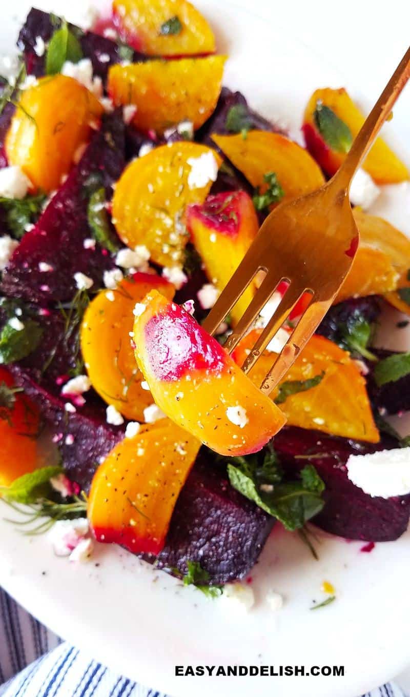 fork with a piece of beet from beet goat cheese salad