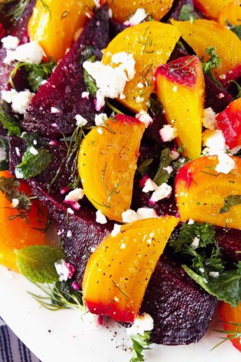 close up of beet goat cheese salad