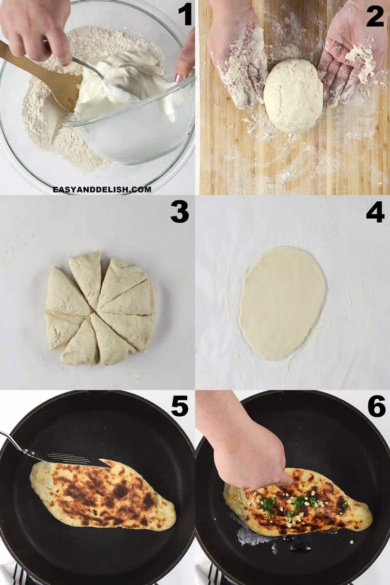 image showing how to make easy naan without yeast in 6 steps