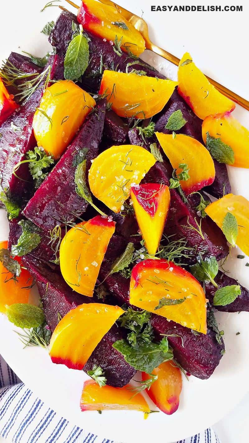 a platter with Instant Pot Beets and herbs