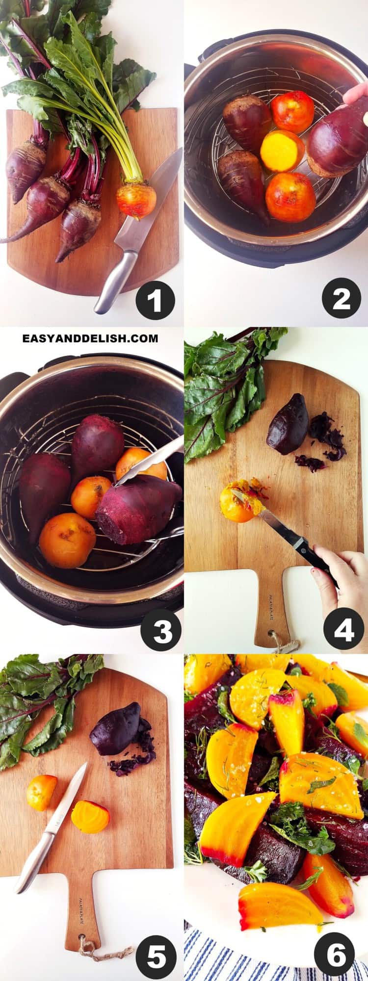 image collage shoing how to cook beets in the Instant Pot in 6 steps