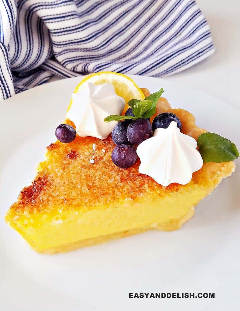 a slice of lemon chess pie in a plate
