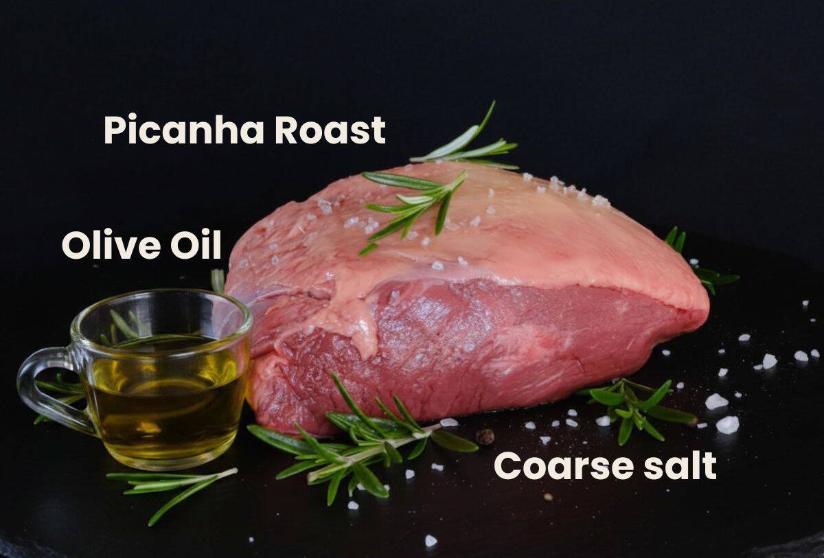 Ingredients for picanha roast including olive oil, meat and coarse salt.