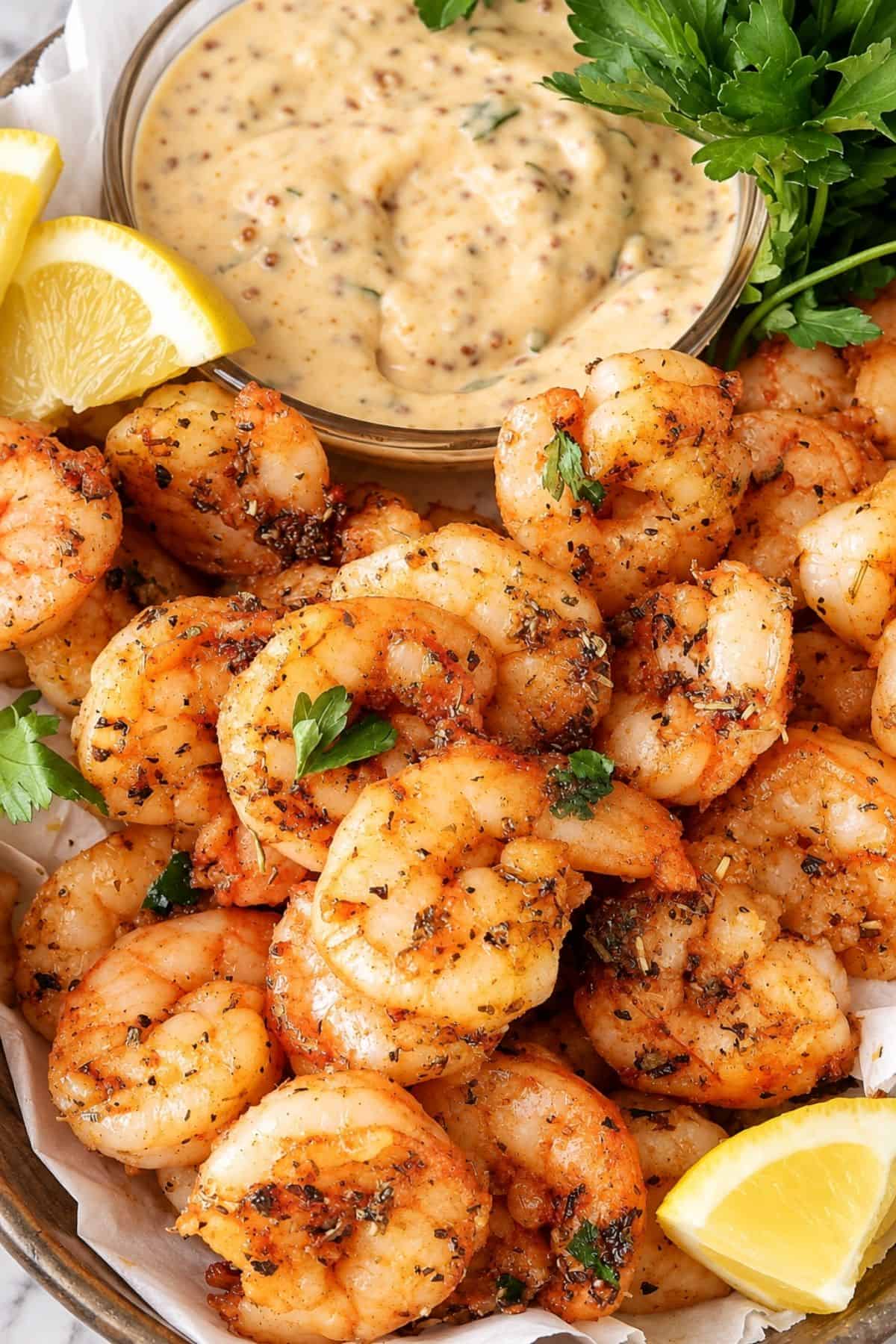 Air Fryer Shrimp seasoned with herbs and served with remoulade sauce and lemon wedges.