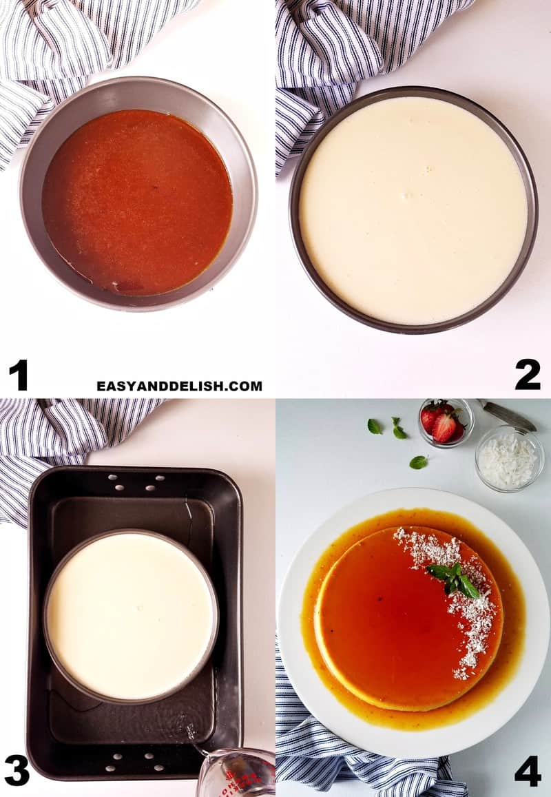 image collage showing how to make coconut flan in 4 steps