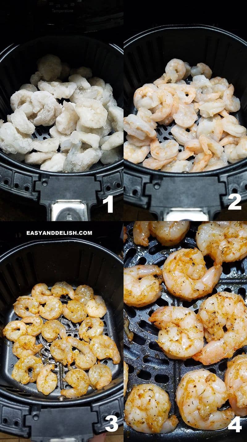 foto colagem mostrando como fazer camarão na air fryer em 4 passos