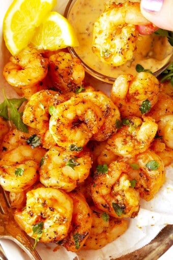 shrimp dipped in sauce