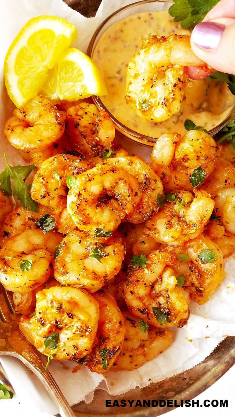air fryer shrimp dipped in remoulade sauce