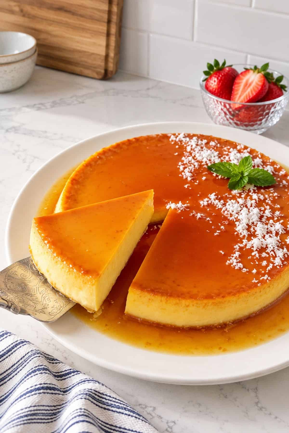 A triangular slice of coconut custard with a smooth yellow interior, caramel topping, and shredded coconut on a white plate.