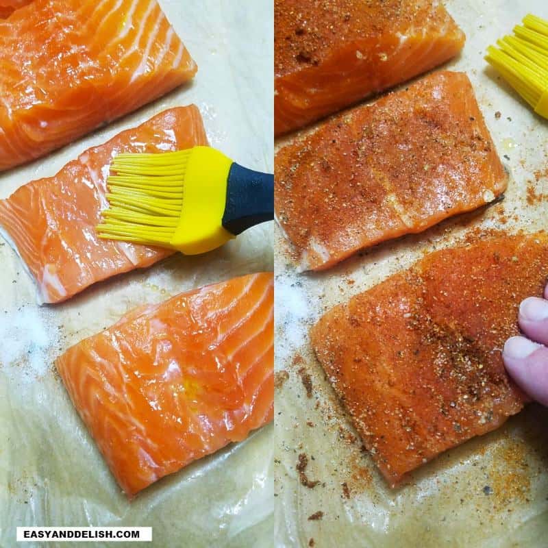 peixe sendo pincelado com óleo e temperado