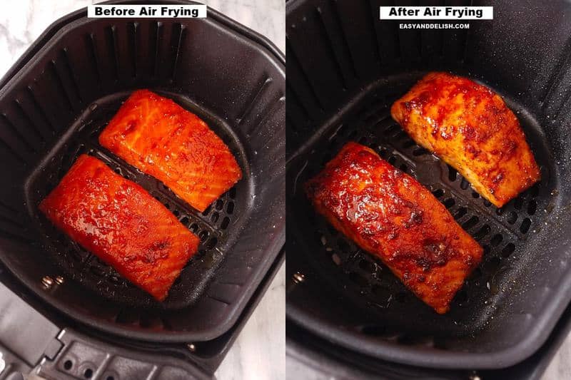 salmão na airfryer antes e depois de ser frito